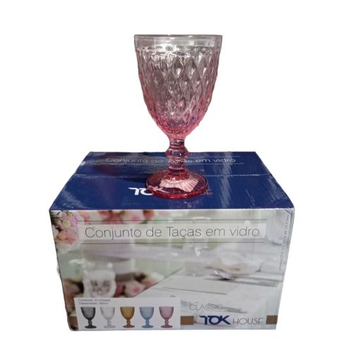 JOGO DE TAÇAS EM VIDRO CLASSIC 320ML ROSA 6 UND TOK HOUSE